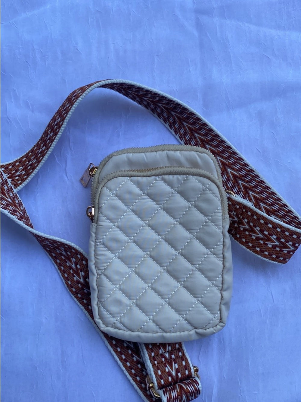 Quilted Cream Crossbody Phone Bag with Woven Strap